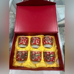 Set Of 6 Eastern Asian Design Ceramic Tea Cups In Red Dragon 8 OZ Capacity Each